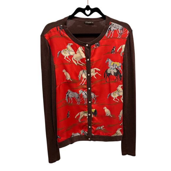 J. McLaughlin Brown Red Equine Print Button Up Long Sleeve Cardigan Womens XS - Picture 1 of 6